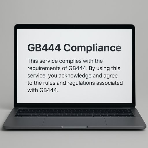 GB444 compliance notice on laptop screen